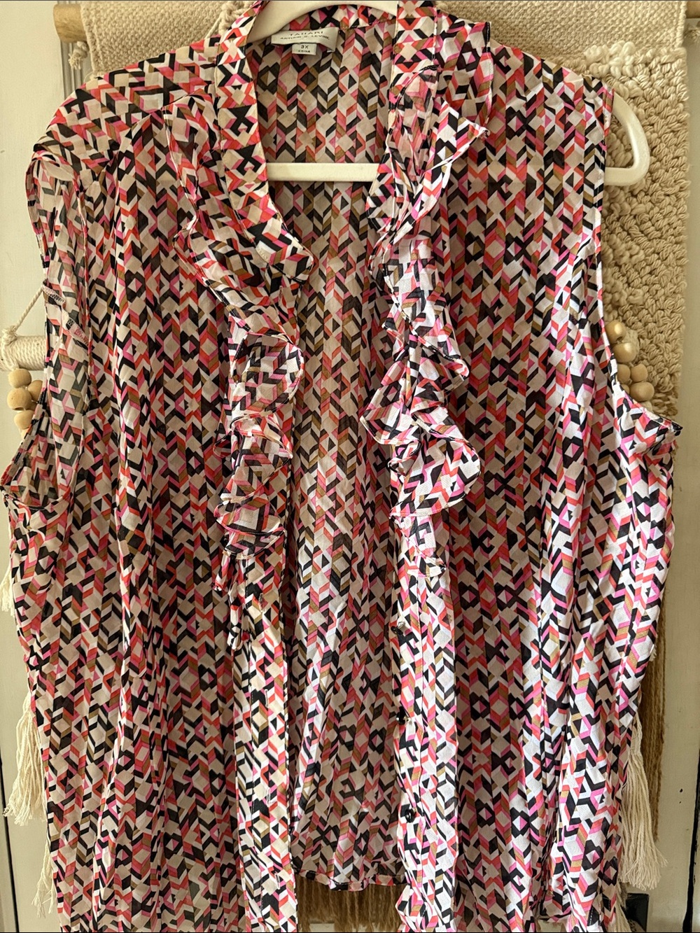 Tahari ASL Pink Black Cream Geometric Ruffle Sleeveless Blouse 3x